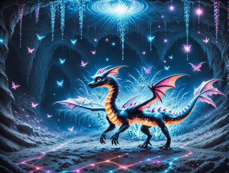 score_9,score_8_up,score_7_up, sorce_real, 8k, hd, a cute creature, mixed of a black dragon and a bat, cute and mischievous, black skin, purple details, neon colored glowing particles in the creatures black skin, black skin with neon pink bioluminescence, cinematic light, looking at viewer, dark, nigh, mysterious atmosphere, floating hearts, flies through a dark stalactite cave at night, bioluminescent icicles on the walls, everything is shrouded in darkness.  <lora:SDXLFaeTastic2400:0.5>, cave by Jed-Cosmos  <lora:Jed-Cosmos-sdxl:1>  <lora:ral-swarcrystl-sdxl:0.8> multicolored gemstones made of ral-swarcrystl