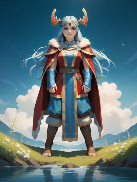 The light red of the rainbow is a representation of the Viking's obsession with the shallows, 1girl, solo, colourful, score_9, score_8_up, score_7_up, masterpiece, best quality, very aesthetic