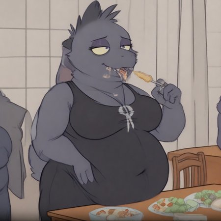 obese , feed,stuffing,stuffed,furry,  BadDream  anthro, bea santello, female, solo, green scales, scutes, voluptuous, yellow sclera, brown (sagging fat breasts "Swelling with near-overflowing brav"), (out of shape, weight gain), Fangs showing  mouth wide open,  tongue out, food, fat out of shape, heavy belly, larger midsection, excess fat accumulating around the  lower abdomen BREAK
Short upper body, macking bea santello fat bodey get fat love handels , and fold of fat , with fat folded arms and soft shoulders,(((dubbel chin)))   BREAK  Animal ears, snout, purple lipstick and eyeshadow, black skirt, trashy stylish jeens, ript pants, black thick fur covering the hyenas bodey, grey fur on head and shoulders, short tail, sharp teeth and claws.(masterpiece, best quality,  detailed, detailed fur, hi res, ), (8k, uhd, ultra-detailed, ), BREAK   (masterpiece, best quality,  detailed, detailed fur, hi res, ), (8k, uhd, ultra-detailed, ) weights [1], BREAK