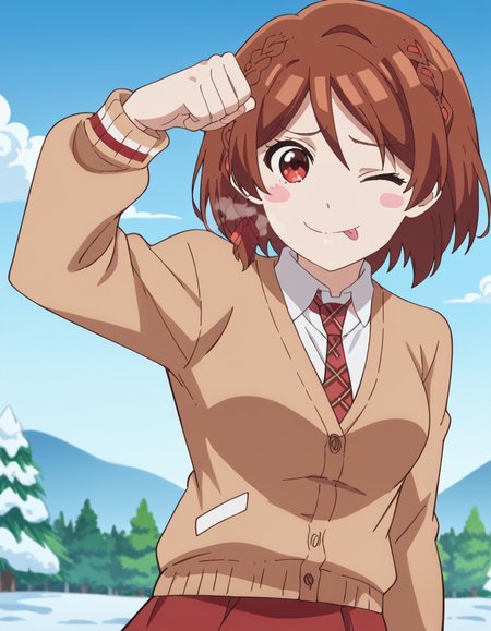 score_9, score_8_up, score_7_up, source_anime, <lora:akane-sakuramori-alpha-ponyxl-lora-nochekaiser:1>, akane sakuramori, short hair, brown hair, red eyes, braid, hair ribbon, medium breasts, anime screencap, skirt, shirt, long sleeves, school uniform, necktie, collared shirt, plaid, red skirt, cardigan, red necktie, brown cardigan, plaid necktie, yellow cardigan, snow day, winter clothes, snowball fight, laughter, cold breath, white landscape, , <lora:dojikko-pose-ponyxl-lora-nochekaiser:1>, dojikko pose, blush, heart, blush stickers, smile, tongue out, arm up, looking at viewer, one eye closed, looking at viewer, solo,, cowboy shot, solo
