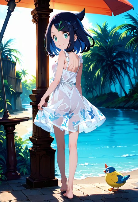 score_9,score_8_up,score_7_up,source_anime,anime screencap,anime coloring,anipai_style,foreshortening,intricate details,official art,shiny skin,1girl,solo,Liko_(Pokemon),black_hair,green_eyes,medium_hair,cowlick,small_breasts,hairclip,white sun dress,see-through,bottomless,barefoot,
full_shot,full body,looking_back,closed mouth,smile,standing,skirt_hold,pigeon-toed,crossed_ankles,backlighting,beach,in the ocean,<lora:Liko Pony:1>,<lora:Anipai_style-07:0.8>,<lora:cfg_scale_boost:0.5>,zPDXL3,<lora:backlighting:1>,