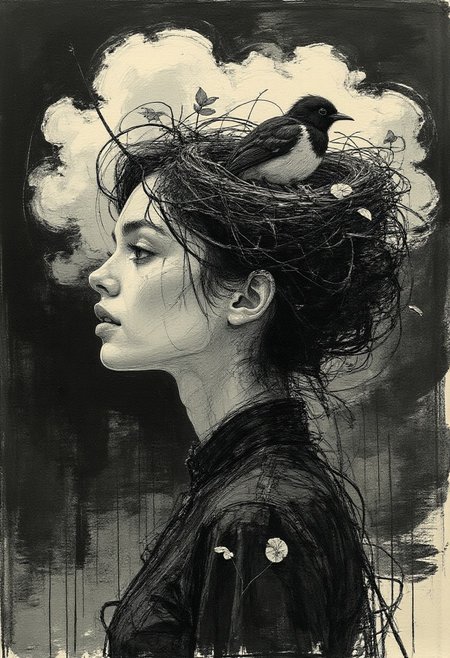 A woman stands in side profile, her face calm and mysterious. Her dress is made of thin, black twigs, woven together like fabric but keeping their rough, natural shape. Some twigs stick out, as if caught by the wind. Pale leaves grow in small patches, adding a soft contrast to the dark texture. The dress flows around her, drawn in deep charcoal strokes, blending rough and smooth shading like Japanese ink art.  
Her hair is shaped into a large bird’s nest, each strand layered with careful brushstrokes. The nest looks both natural and surreal, merging into her form. A single bird perches inside, its feathers drawn with delicate ink lines, standing out against the dark tones.  
The background is a vast black space with swirling ink-like textures. A single, large cloud floats behind her, painted with soft, fading brushstrokes. It appears light and dreamlike, its edges blending into the darkness. The mix of charcoal depth and flowing ink details creates a surreal, timeless feeling, where reality and dreams seem to merge. vantablack