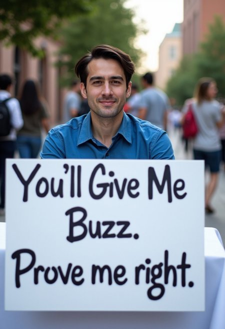 (( White man with dark parted hair , wearing a blue shirt, is sitting behind a table covered with a white tablecloth , outdoors on a sidewalk at a busy university campus) ( a large sign is seen hanging across the front of the table, the words seen on the sign are "You'll Give Me Buzz. Prove me right." , the text "You'll Give Me Buzz. Prove me right." is seen printed legibly in bold font on the sign hanging across the front of the table))