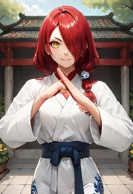 (fist-palm salute:1.5), score_9, score_8_up, score_7_up, source_anime, ultra detailed, 
Generate a picture of a girl making fist-palm salute in a big garden in front of a big traditional Chinese building,  (fist and palm folded in front), (hands together), front view,  she is wearing a yin_yang_print robe, white pants, barefoot, looking at viewer seriously with light smile,
1girl has (red long hair) with hair ornament, hair over one eye, yellowish skin, medium breasts, slender and glamor body with narrow waist, fitness and wildness , round face with yellow eyes and slit pupils, smile, 
 kobayashi rindou \(food wars\), 
 <lora:Rindou_Kobayashi_Food_Wars_Pony_XL:0.65>,<lora:fist-palm_salute_Pony-000008:0.8>