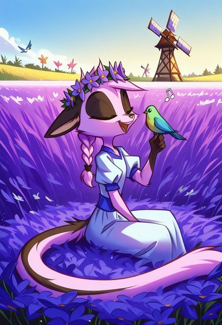 Dreamkeepers,1girl,Prelude_Vi,solo,furry,tail,source_furry,hazel eyes,
kid, child, 
russian traditional dress , puffy sleeves , flower crown ,Hair Wreath , braided hair , twin braid , side braid , long hair , cheerful , happy , flower field , surreal , sunny , blue sky , flower ,closed eye , sitting , singing , music note , windmill faraway , bird  , bird on hand ,
masterpiece, best quality ,amazing quality ,