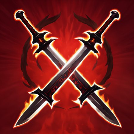 (((masterpiece))),(((bestÂ quality))),((ultra-detailed))ï¼SkillIcon, two crossed swords with flames in the background and a red flame behind them that is a red background ,<lora:SkillIcondreamshapelocon-000044:0.6>