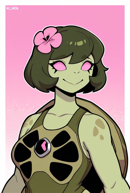 <lora:terraspin-06:1> terraspin, pokemon (creature), solo, no humans, closed mouth, short hair, bob cut, dark green hair, smile, 1girl, pink eyes, green skin, shell, turtle, turtle shell, , pink background,  <lora:welwraith-guy90-Illust-Lycorisv1:1> welith, curvy, busty,  no neck. flippers, no pupils, flower in hair,  short neck, no visible neck,  pink flower,, masterpiece, best quality, amazing quality, very aesthetic, absurdres, newest,, upper body, halftone effect, white borders, abstract background:1.2,