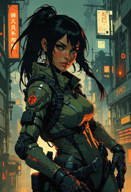 magnificent, closeup portrait, female bounty hunter, braided black hair, futuristic armor, battlesuit, mechanical armor, sleek armor, sexy, curvy, large breasts, large ass, aiming an assault rifle, assault rifle, aiming rifle, holstered pistol, Cyberpunk City, Neon Lights, foreshortening,
solo, 
Cowboy Shot, close up, from above,
