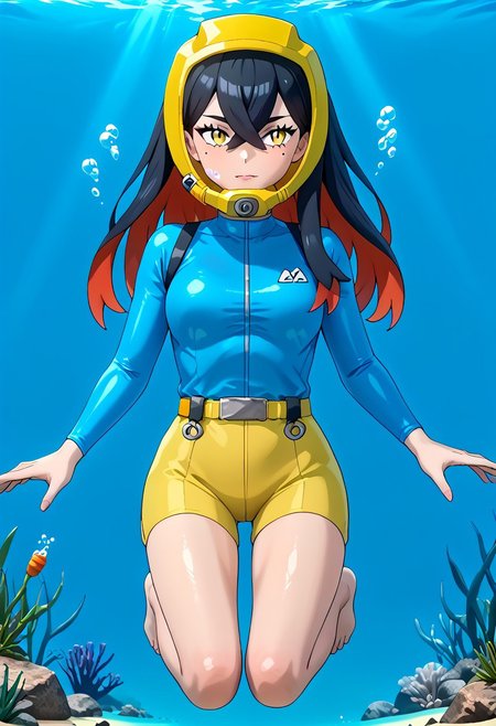wide angle:0.34, PokemonStyle, pokemon \(anime\), full body,solo female, score_9, score_8, score_7, score_6_up, source_anime, anime coloring, anime screencap, official art,
BREAK full body, 1girl, black hair, colored inner hair, crossed bangs, hair between eyes, hairband, long hair, mole, mole under eye, multicolored hair, red hair, sidelocks, two-tone hair, yellow eyes, floating hair, (blue wetsuit), long sleeves, bare legs, beautiful legs, barefoot,
BREAK
(pokemoncarmine wearing (snug fitting, face-sized(yellow divemask contoured to face))), (mask overlapping chin, mask overlapping cheeks, mask overlapping jawline), (bangs overlapping mask), shiny glass visor:0.5, 
BREAK underwater, seafloor, rocks, blue background:0.25, blue overlay:0.55, seaweed, neck 
BREAK blue background:0.25, bubbles, BREAK mask snugly on face, regulator, breathing tube, orange oxygen tank strapped to back, harness tightly on chest, belt, swimmingai, floating, bubbles, looking at viewer, diving, looking to side, aloof, closed mouth