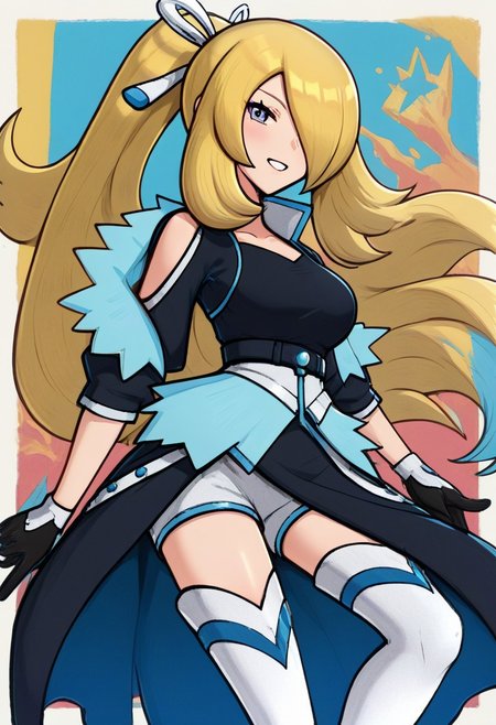 2d, masterpiece, best quality, amazing quality, 1girl, solo, close-up, standing, smile, upper body, cowboy shot, looking at viewer, simple background, colorful background, hearts, stars, auracynthia, ex colors, grey eyes, blonde hair, very long hair, ponytail, white hair ribbon, hair over one eye, collarbone, black jacket, shoulder cutout, black gloves, white shirt, black belt, white shorts, showgirl skirt, black skirt, blue lining, thigh boots, high heels boots, white footwear, score_9, score_8_up, score_7_up,source_anime