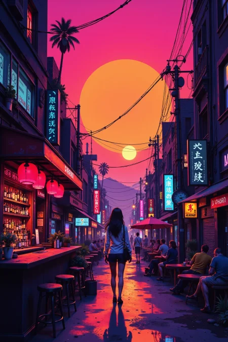 a cyberpunk bar in a futuristic street anime landscape, sunset, woman, very intricate, very detailed, sharp, bright, colorful, <lora:Hand v2:0.5> <lora:Anti-Blur:1><lora:Insane Detail Slider:0.25>  <lora:flux.1_lora_flyway_Epic-detail_v2:0.3> <lora:fluxenhancer:0.25> <lora:ROWER:0.6> <lora:flux-charmer-v1-1:0.4>  <lora:Crazy_Horror:0.6> cr3z1h0rr0r
