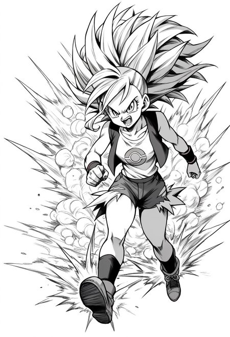<lora:Dragon Ball_XL:0.8>, score_8_up, score_9_up, 1girl, solo, pokemonhilda, super saiyan, spiked hair, full body, open mouth, female focus, monochrome, grayscale