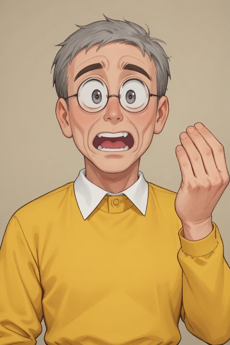 1man_80 year old man,NOBITA,ROUND GLASSES,YELLOW SHIRTS,<lora:nobita:0.7>,solo, gray hair, gray eyes,wrinkled face,
upper body,clean face,Surprised expression, :O,
hud_it4lian_g3sture, hand up, looking at viewer, upper body, open mouth, teeth,
 <lora:pinchedfingers:0.9>
<lora:sdxl_lightning_8step_lora:1>,
score_9, score_8_up, score_7_up,score_6_up,dof,source_anime,
hyper-Detailed, masterpiece, best Quality,film Grain,