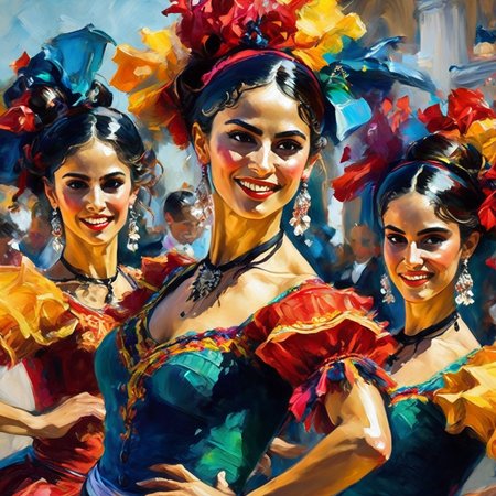artmix05 close-up of Spanish dancers in colorful costumes, very expressive and detailed  <lora:artmix05:1>