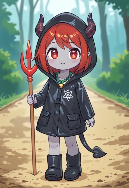 score_9, score_8_up, score_7_up, BREAK
highres, highly detailed, high resolution, high quality, 
source_anime, anime screencap, saturation, vivid colors, 
1girl, solo, luce, full body, standing, demon girl,
(dark red hair:1.2), (big dark red eyes:1.1), medium hair, cute, (grey skin:1.1), (horns:1.2), 
(long black raincoat:1.1), black rubber boots, 
pentagram necklace, holding one red trident, 
cute, bokeh,
blurry background, forest background, path,
In the style of TOK