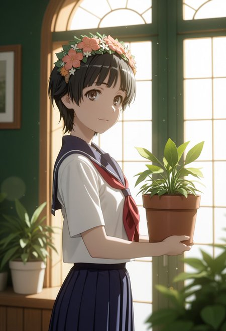 masterpiece,best quality,absurdres,highres,very aesthetic,high quality,detailed,insanely detailed,beautiful,perfect lighting, ,depth of field,blurry background,bokeh, 
 standing, from side,light smile, looking at viewer, upper body, detailed background,blurry foreground, plant, potted plants,green house,window, closed blindes,volumetric light,plants in foreground,holding potted plant, apron,flowers,
 <lora:Uiharu Kazari:1> 1girl, short hair, black hair, brown eyes, head wreath, sakugawa school uniform, summer uniform, serafuku, sailor collar, red neckerchief, blue skirt, pleated skirt, long skirt,