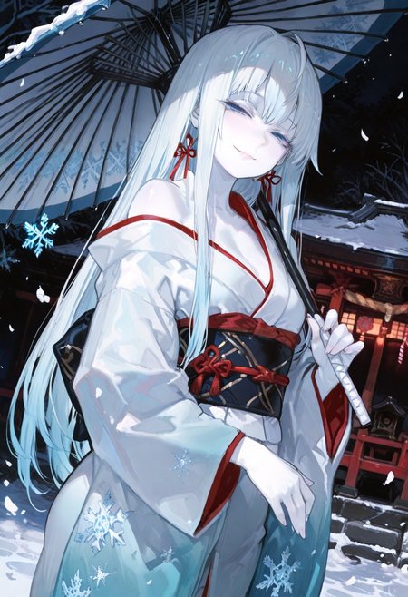 masterpiece, best quality, good quality, newest, highres, absurdres, volumetric lighting,gradient color,
BREAK 
raytracing, volumetric lighting, ambient occlusion, girl, luminescent background, masterpiece, best quality, very awa, absurdres, 
BREAK
Yukinoshita Yukino, Yuki-onna colored skin, (white skin:1.3), solo, long hair, white hair, blue eyes, luscious lips, model style,
 evil eyes, evil, bullying, sinister, 
BREAK
masterpiece,amazing quality,best quality,ultra-detailed,8K,illustration,CG,shiny hair,clear skin,ultra-detailed-eyes,simple background,cute girl, eyelashes
BREAK,
long kimono, outdoors, shrine, night, moonlight, dutch angle, dark theme, high contrast, holding umbrella, snowflakes, snow, bare shoulder, looking at viewer, petals falling, , smile, half-closed eyes, sash,