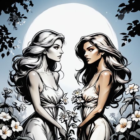 core_9, score_8_up, score_7_up, score_6_up, <lora:Azure_Sketch_IllustrationPony:1>  ArsMJStyle, AzureSketch, Gemini, Two women with long hair and flowers stand before a crescent moon, their faces softly illuminated. Multiple girls, long hair, flowers, crescent moon, serene, reflective, intimate, glowing.