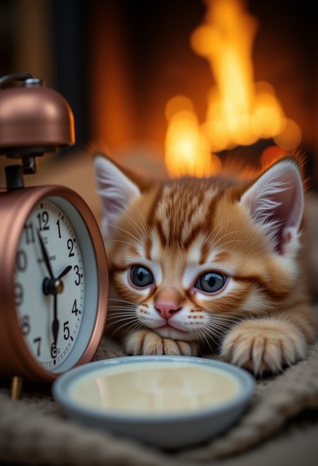 close-up of cute cute very fluffy kitten with silk hair, head on paws, one eye opened, alarm clock and bowl with milk in front of him, sleeping by the fireplace, intricate details, lumen, close-up, hyper-detailed, professional photoshoot, ultra-sharp, vivid colors, funny, humor, aidmaimageupgrader