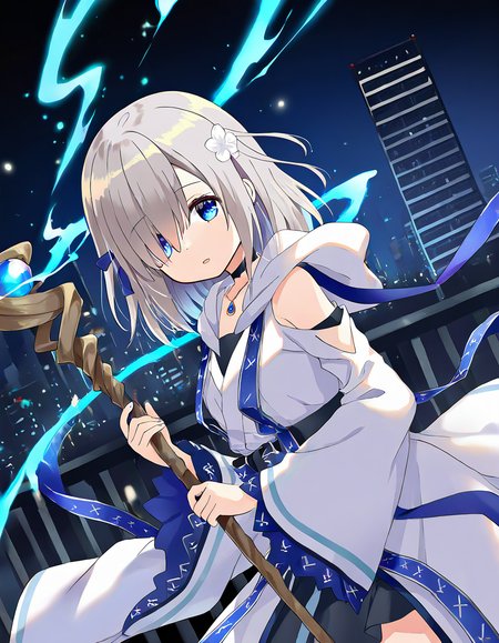 masterpiece, best quality, newest, absurdres, highres, safe, 1girl, isuzu ren, magia record: mahou shoujo madoka magica gaiden, holdding staff, looking at viewer, upper body, casting spell, blue energy, particle, glow, haze, skyscraper rooftop, night, dutch angle, <lora:isuzu_ren_noobaiXLNAIXL_vPred10Version:0.7>