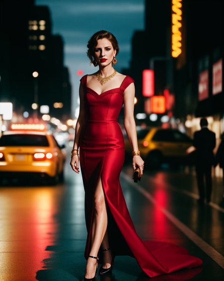 (style of [mario testino|annie leibovitz]:1.4), XD-Scene  Style-DoF, (style of Peter Lindbergh), woman, upper body, face, dressed in a couture gown, deep red, intricate lace, luxurious fabric, gold embroidery, baroque-inspired patterns, the gown hugs her silhouette, dramatic, elegant, regal, model's expression confident, intense gaze, hair styled in a tousled updo, bold red lipstick, flawless makeup, golden jewelry, necklace, earrings, exuding sophistication, poised, powerful, New York City, street scene, evening, blurred background, vibrant city lights, bustling atmosphere, the contrast between high fashion and the urban setting, neon signs, wet pavement reflecting lights, creating a cinematic effect, slight bokeh, capturing the energy of the city, blending luxury with street style, visual storytelling, modern couture, timeless elegance, the model stands out amidst the urban chaos, commanding attention, a perfect blend of glamour and grit, high-end fashion editorial, capturing the essence of New York's vibrant nightlife, bold, alluring, captivating <lora:kodak_ektar:0.8>