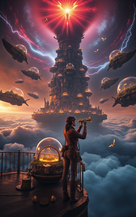 A vivid steampunk scene above the clouds in the floating city of Ishtar,centered on a female watcher with a mechanical arm and an old pilot suit,standing atop a colossal gear tower. She peers into a thunderstorm with a brass telescope. Behind her,flying whale-shaped airships carry glass domes filled with ancient plants,circling the glowing mechanical heart that powers the city. The background glows with crimson light from steam vents and rotating gear circuits,while electric arcs dance across a storm beast shaped like a dragon. Feathered mechanical doves dart through the clouds carrying scrolls. A mechanical angel with golden wings awakens in the misty distance. (vivid style, cinematic lighting, wide angle, high detail),
<lora:detailifier_sd3.5:1>,detailifier,<lora:aidmaMJ6.1_v0.5_3:0.5>,aidmaMJ6.1,