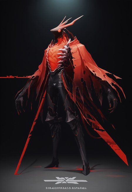 knight(((Blood Devil))(stunning, magnificent, HD, photorealistic, dramatic lighting, intricate details, armor beautiful patterns, realistic , mythical, legendary, powerful, cinematic,, masterpiece, perfect anatomy, perfect composition, perfect hand,), , (((glowing red core on armor))), armor highly detailed patterns on armor), torn cloak , full body fits into the image, full body visible, ), claws, gauntlet, digital illustration of a futuristic, armored humanoid figure. The subject is dressed in a highly detailed, dark, and bulky exosuit with intricate mechanical components and white accents. The suit features various textures and layers, including a cloak-like garment with angular, geometric shapes. The figure's head is adorned with a helmet that has two antenna-like protrusions and a visor, giving it a robotic appearance. The suit has several logos and text in white, including a prominent circular emblem on the chest and arm. The overall design is sleek and modern, with a strong emphasis on technology and advanced, ,(((huge arms with cylinders mechanical components)))Power