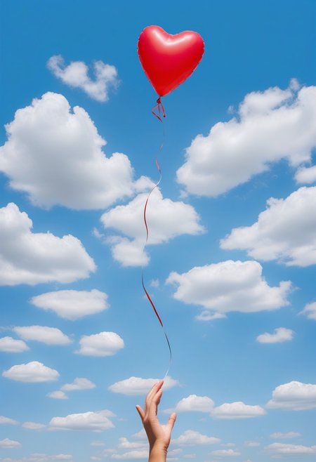 a Heart-shaped balloons, outstretched arm, blue sky, cloud,