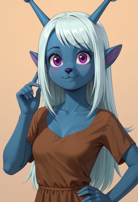 ((bedroom background)),score_9, score_8_up, score_7_up,score_6_up, 
1girl, solo, furry, Emojialien_SJ, milf, steel blue skin, purple eyes, light cyan hair, long straight hair, pointy ears, small black nose, two steel blue antennae with rounded tips on her head, brown dress, barefoot,  big eyes, tall stature, social smile, perfect eyes, perfect smile, looking at the viewer, small breasts, detailed eyes, perfect eyes, standing, (front pose, bust shot, close up to face, face portrait:1) 5 fingers, perfect hands, hand on hips, hand up