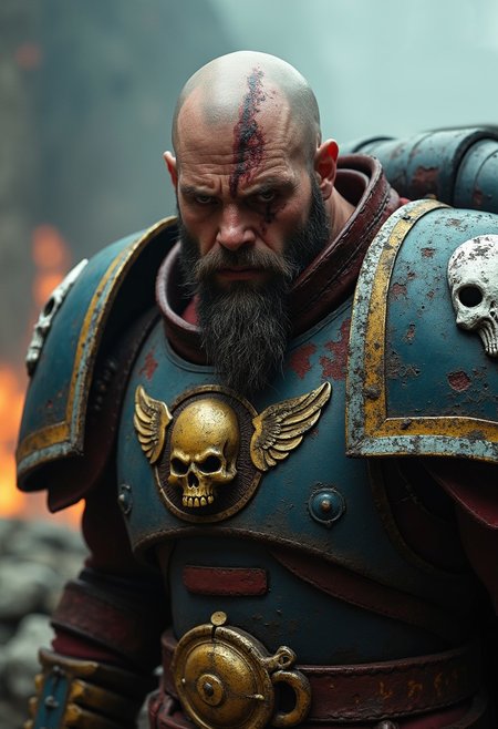 photograph, cinematic, rim light, high details, skin pores, sweat, scar,
(wide angle shot),
(giant warrior, angry face, square jaw, holding a huge sword), 
(Warhammer 40000, Ultramarine, Space Marine armor, white skull on shoulder pads,  scar on face bald one blind eye, beard, red cape, gold skull with wings on chest:1.2), 
rust on metal, impacts on armor, holes in armor, leather, bolts, sweat, blood splash, leather belt,
(rocky battle background, smoke, fire, stone ruins, storm, raining),