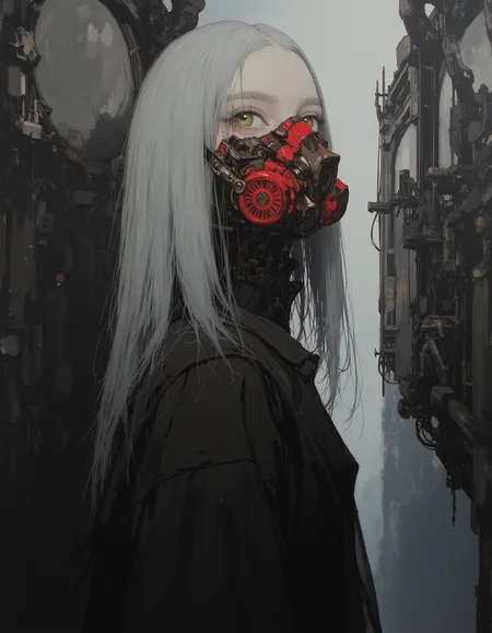 masterpiece, high quality, Oil Painting, Hyper-realistic, overhead view, hyper-detailed wide-angled painting of an awkwardly beautiful teen elf girl who is wearing a futuristic simple black corseted dress that leave her shoulders exposed, she is prim and proper.  She is wearing a red futuristic gas mask. Her face is pale, almost translucent white. She has small pointed elf ears, bright glowing green eyes, and flowing white hair. Behind her is an infinitely long steel passage with many doors, the passage might be a mile long.  She looks like a fashion model. Focus on the girl, shadow and light, Masterpiece, intricate lines, intriguing atmosphere, sharp magnificent details, delicate features, elaborate details, (2/3 rule composition:0.5), ultra detailed, romantic, Rembrandt lighting, brush stroke, lovely, novuschroma, in the style of Rembrandt. FS, vantablack <lora:style_of_Rembrandt_FLUX_135:.3> <lora:- Flux1 - vanta_black_V2.0:.6> <lora:neeeg_f1:-1> <lora:113_novuschromaFLX_1:.3> <lora:Midjourney_Whisper_Minimal:.4> <lora:FS_v2:.3> <lora:s1n0z1ck-flux-test-lora:2.3>