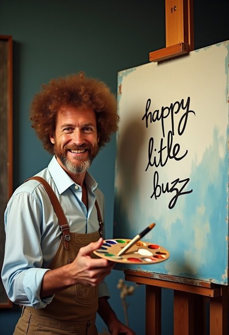 Raw, 8k, ultra realistic photo from The joy of painting show. ((Bob Ross)) is standing next to a canvas. He is smiling looking at the viewer, on the canvas its writen "happy little buzz" in paint. holding a paint brush and Palette. Film grain.