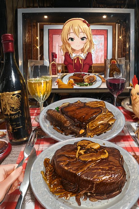 detailed background, shiny skin, posing,
<lora:dinnerwaifu.il:1.5>,
dinnerwaifu, 
chicken, beef, steak, wine, wine bottle, 
pov, hands, fork, knife,  utensil, 
<lora:deresute.il:1>,
deresute,
momoka,