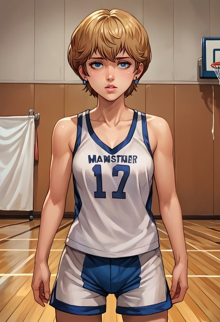 score_9, score_8_up, score_7_up, source_anime,
, (best quality) , (highly detailed) ,masterpiece ,absurdres ,detailed face ,beautiful face ,
<lora:pony_xl_Hildegard:0.8>,Hildegard,score_9,score_8_up,1girl,female,kawaii,solo,short hair,earrings blond hair
<lora:OKC_0_Jersey_V1:.6>, jersey, number zero, basketball uniform, blue shorts, orange trim, shirt tucked in,
from behind, tired, parted lips, looking at viewer,
room, wooden wall, wooden floor,
(Beautiful, small Breasts:1.2), natural breasts,
OverallDetail