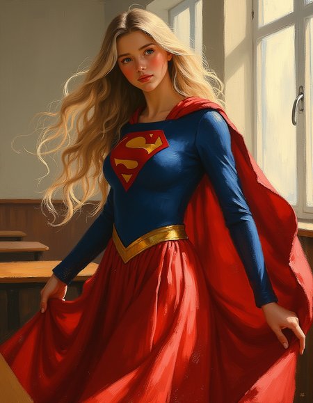 masterpiece, high quality, Oil Painting, Hyper-realistic, hyper-detailed picture of a beautiful young Supergirl with long, flowing blond hair, elegantly dressed in a form fitted blue bodysuit with 'S' logo and red pleated skirt with precise folds and dynamic motion, as if caught mid-spin. A red cape drapes over her shoulders, adding an air of sophistication and mystery. Supergirl bodysuit accents her strongly defined muscles. Her delicate face has a soft yet confident expression with a slight smile, her eyes focused and alluring.
The background features a serene, sunlit classroom with warm, natural lighting streaming through tall windows, casting soft shadows across the polished wooden floor. Dust particles sparkle subtly in the sunlight, enhancing the peaceful and dreamy atmosphere. The artwork captures realistic fabric textures, detailed highlights, and smooth shading, creating a balance between fantasy and realism. The woman's pose and flowing hair emphasize movement and grace, set against a calm and nostalgic school environment. The painting shows shadow and light, Masterpiece, intricate lines, intriguing atmosphere, sharp magnificent details, delicate features, elaborate details, (2\3 rule composition:0.5), ultra detailed, romantic, Rembrandt lighting, brush stroke, lovely, del1cate_balance style, novuschroma, in the style of Rembrandt. vantablack <lora:style_of_Rembrandt_FLUX_135:.8> <lora:- Flux1 - vanta_black_V2.0:.3> <lora:Delicate_Balance:.3> <lora:113_novuschromaFLX_1:.4> <lora:neeeg_f1:-1>