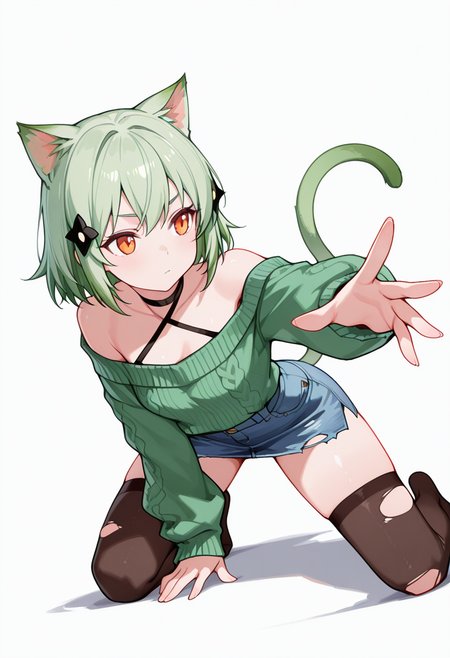 masterpiece,high quality details, absurdres, 
kneeling pose, one hand on the ground, other hand reaching forward, focused gaze, tense muscles,  ,
 <lora:Mao_Kusagakure:0.8>
mao_cnr, 1girl, green hair, short hair,orange eyes, cat ears,cat tail,hair ornament,, uwu,, simple background, white background, dynamic angle,solo,, criss-cross halter,choker sweater  ,denim skirt,  ,torn thighhighs,
