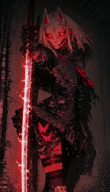 dynamic angle, 1girl, petite, fighting stance, school uniform, holding katana, fox mask, dynamic pose, looking at viewer, lace trim, over-kneehighs, glowingconcept, glowing_face_tattoo, glowing_eyes, Smo0thL1nes, (mechanical parts:0.9), mechanical joint, mechanical eye, flying glowing butterfly, glowing effects, bioluminescent, uncanny, fantasy, science fiction, best quality, amazing quality, very aesthetic, absurdres, newest, high contrast, clear color, beautiful shadow, beautiful light, cinematic light, cinematic shadow, bokeh, glare, (overexposed:1.2), high exposure, washed out colors, (subsurface scattering:1.2),  <lora:Glowing_tattoo_concept:0.7> <lora:iLLMythSmo0thL1nes:0.9>