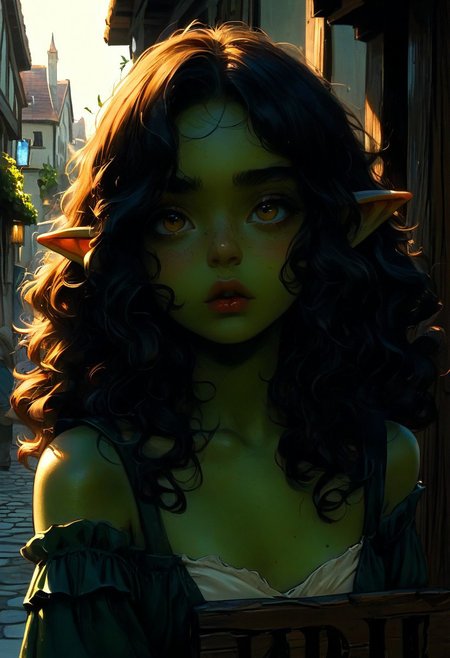 score_9, score_8_up, score_7_up, 1girl, goblin, dark green skin,  solo female focus, large pointed ears. skinny, wild red hair, long hair, loose curly hair, green skin, freckles, Freckled ass, beautiful yellow eyes, small breasts, brown loin cloth, chest wrap. Pouting lips. Blushing, cute pout, expression. Holding wooden sign, "starving goblin  need buzz" messy writing. Looking up at viewer.
Medieval town street. Bright sunny day