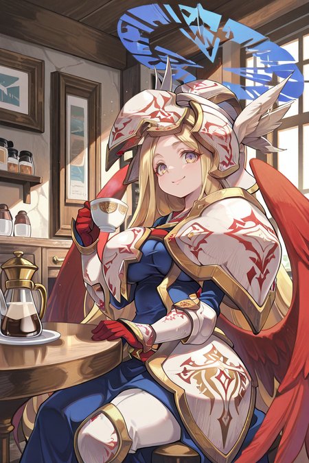 masterpiece, best quality, amazing quality, very aesthetic, absurd, newest, detailed eyes, <lora:illustrious_quality_modifiers_masterpieces_v1:0.8> , solo, <lora:ChamIllustriousBackgroundEnhancer:0.5>, detailed background,      <lora:Kitn_marietta_illust:0.9> , Kitn_marietta_illust, blonde hair, wings, halo, armor, solo, cafe, drinking coffee, interior, interior, bedroom, sitting, smile, looking at viewer, cowboy shot, large breasts,