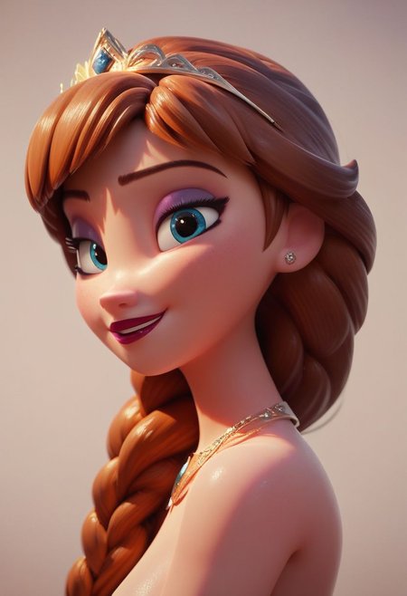 score_9, score_8_up, score_7_up, score_6_up, score_5_up, score_4_up, 1girl, princess Anna from frozen, sweet smile, waist up, modest pose, side view, looking at viewer, source_pixar, 3D animation