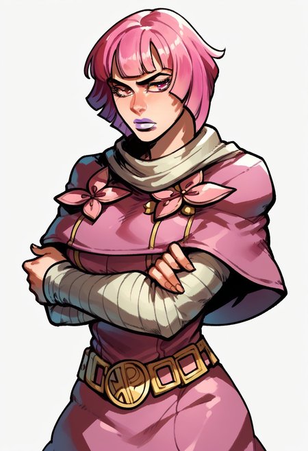 score_9, score_8_up, score_7_up, masterpiece, solo, 1girl, capelet, pink eyes, lipstick, purple lips, short hair, pink hair, dress, belt, arms crossed
