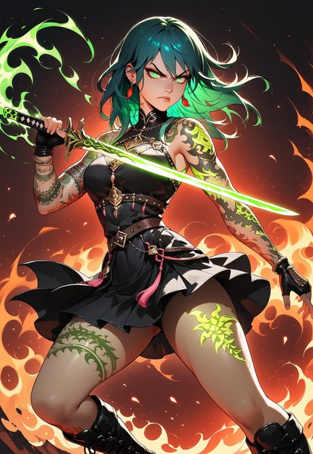 safe_pos, score_9, score_8_up, score_8_up,NLSTN, dark, 1girl, byleth (fire emblem) solo,  flowing teal hair, earrings, jewelry, green glowing eyes, ornate pauldrons, green glowing tattoos, Nordic tattoo, ((arms tattooed)), tattoos, sexy pose, ((body tattoos)), full body shot, holding red glowing sword in one hand, fingerless gloves, skirt, side angle shot, ((thighs tattooed)), sexy combat boots, combat pose, intense expression, angry face, swinging sword with both hands, her eyes focused on her sword, detailed eyes,
