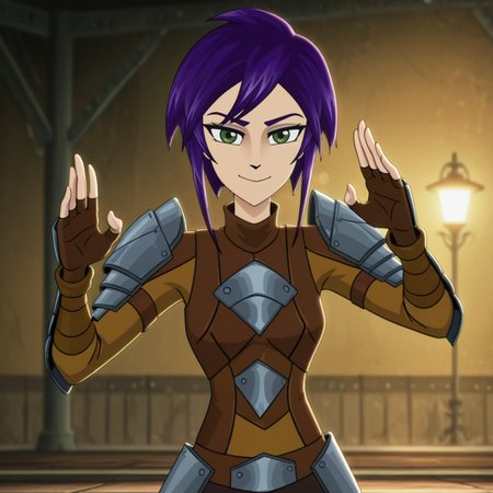 1girl, solo,
absurdres, high quality, masterpiece, anime screencap, 8k, absurd res, cinematic lighting,
detailed face, smile,
evening, fighting stance, fighting viewer, 
 <lora:Starling:1> starlingsh, purple hair, green eyes, fingerless gloves, armor