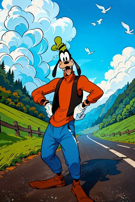 standing on a road, blue sky, white clouds, birds,high detail skin, high detail eyes, high detail hair, highres, ultra detailed, sharpen picture, Highly detailed, masterpiece, best quality, photorealistic,
 <lora:GoofyLoRA:1> 1boy, buck teeth, gloves, green hat, orange sweater,  black vest, blue pants, shoes