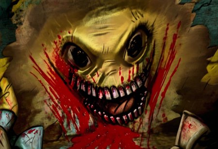 postal1, Monster, bloodyface, blood, looking at viewer, smiling, perfecteyes