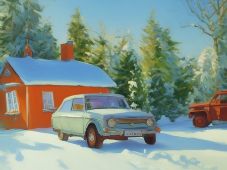 hero shot of lada car in front of small cozy house, soviet , art by socialistrealism, propaganda poster, still life, blue sky, light shining