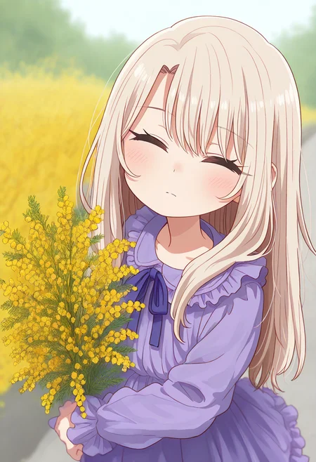 masterpiece, best quality, very aesthetic, absurdres, 
<lora:vrchat>, <lora:Flux:0.7>, 
1girl, illyasviel von einzbern, upper body, frilled dress, purple dress, solo focus, expressionless, <lora:mimosa_Illust_v1:0.8>, mimosa (flower), <lora:hotarueye_xl_closed3_v10:1.4>, closed eyes, (tsurime:1.2), blurry background, solo,