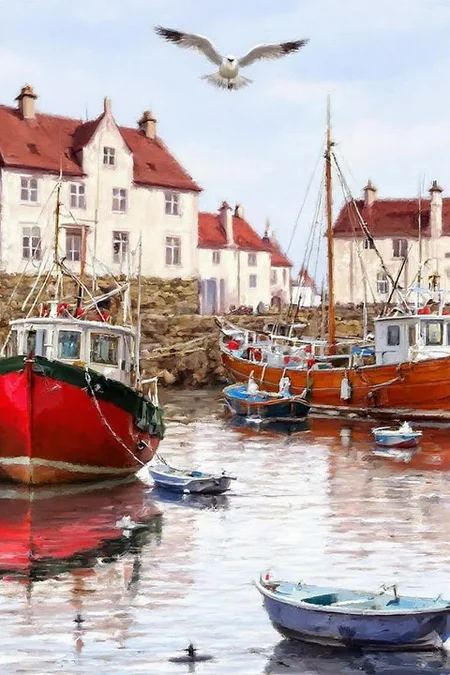 richardmacneil1 painting. Several boats are docked in a calm harbor. The water reflects the boats and nearby buildings with red-tiled roofs. Seagulls fly above. <lora:richardmacneil1_cap_d8a4e11:1.0><lora:853233357494973511:0>