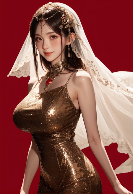 1girl,red background,,ruanyi1009,sleeveless dress,jewelry,gem,hair ornament,cowboy shot,skin tight,veil,gold dress,<lora:1009 performance clothes_v1_pony:1>, score_9, score_8_up, score_7_up, score_6_up, score_9, score_8_up, score_7_up, score_6_up source_anime, blush, 1girl, seduce smile, perfect body , natural huge breasts