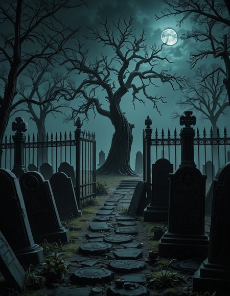 A dark and eerie cemetery shrouded in mist, with ancient, weathered tombstones covered in moss. The scene is dimly lit by a pale, ghostly moonlight filtering through twisted, leafless trees. Cracked stone pathways lead through the graveyard, partially hidden by overgrown grass and creeping ivy. A few old, gothic-style mausoleums stand in the background, their iron gates slightly ajar, adding to the mysterious and haunting atmosphere. Wisps of fog swirl around the gravestones, enhancing the eerie mood. The overall color palette consists of deep blues, grays, and muted greens, creating a cold and unsettling ambiance. The image is highly detailed and photorealistic, capturing the textures of the aged stone, the fogâs movement, and the ominous shadows stretching across the ground. 
<lora:SDXLFaeTastic2400:0.4> <lora:extremely_detailed:0.4> extremely detailed,<lora:33r13_c3m3t3ry-ill:1>,33r13 c3m3t3ry, Masterpiece,best quality,hi res,8k,hi res,8k,award winning,(sharp focus, intricate, highly detailed),